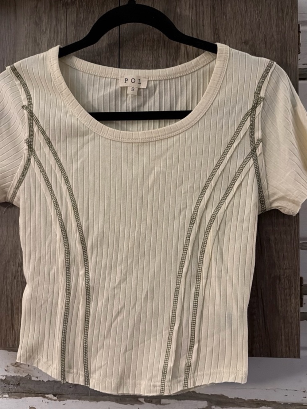 POL Cream Ribbed Scoop Neck Tee with Olive Stitching Accents